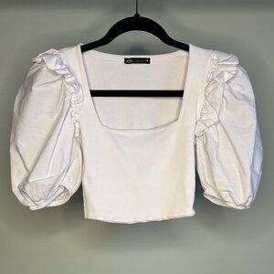 Zara White Crop Top Puffy Sleeve Square Neckline